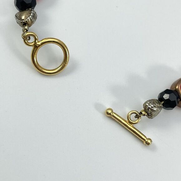 Gold Tone Red Black Round Glass Beaded Bracelet Artisan Timeless Toggle Clasp - Picture 5 of 7